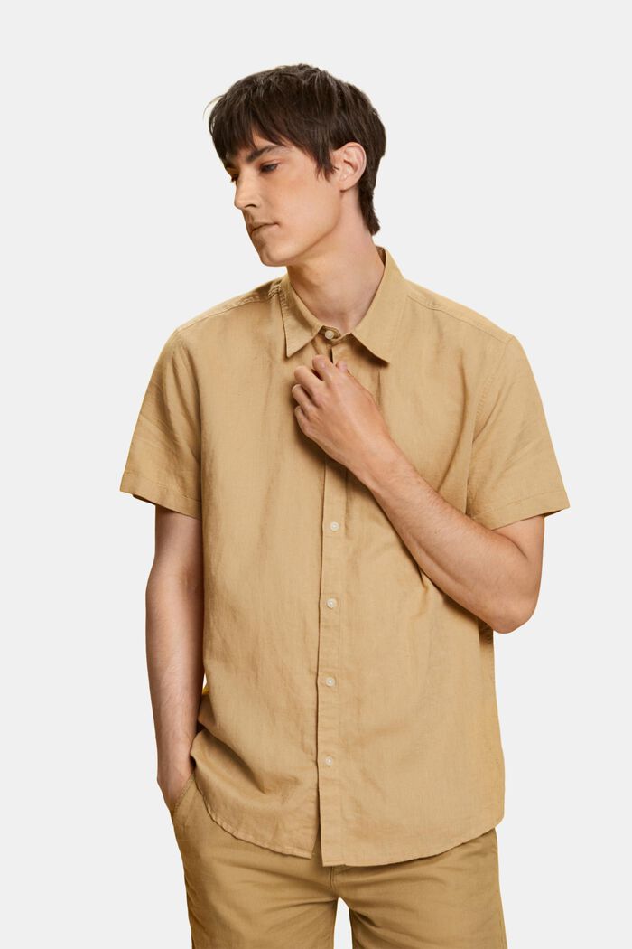 Kortärmad skjorta i mix av linne och bomull, BEIGE, detail image number 0