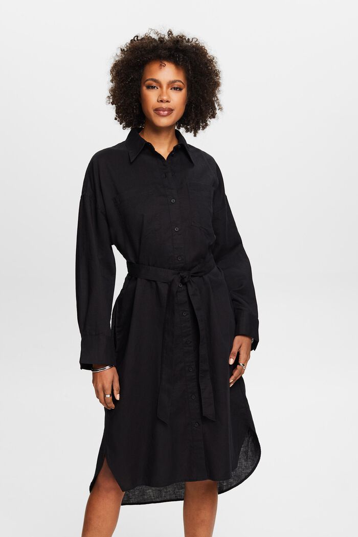 Skjortklänning med skärp i linne-bomullsmix, BLACK, detail image number 0