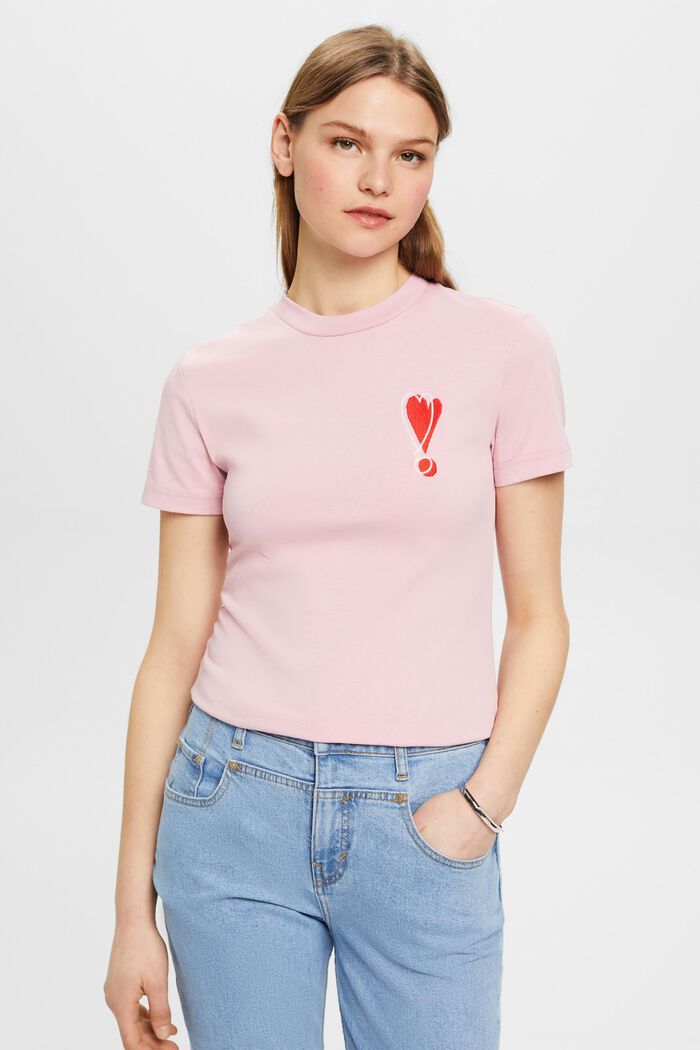 Bomulls-T-shirt med broderad hjärtmotiv, PINK, detail image number 0