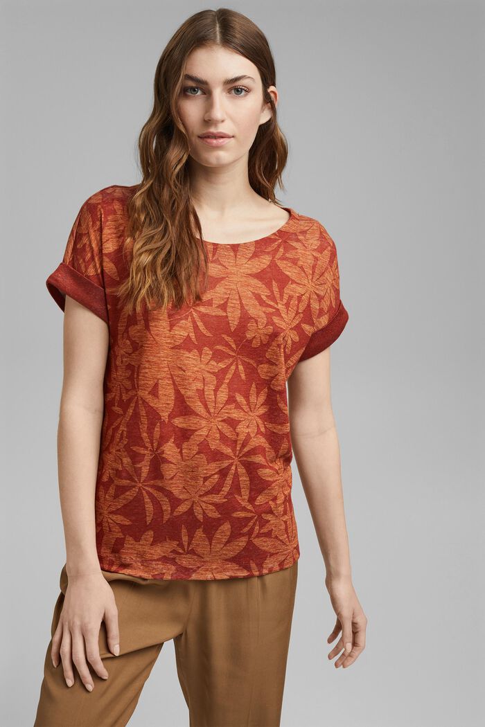 Av 100 % linne: T-shirt med bladmönster, TERRACOTTA, detail image number 0