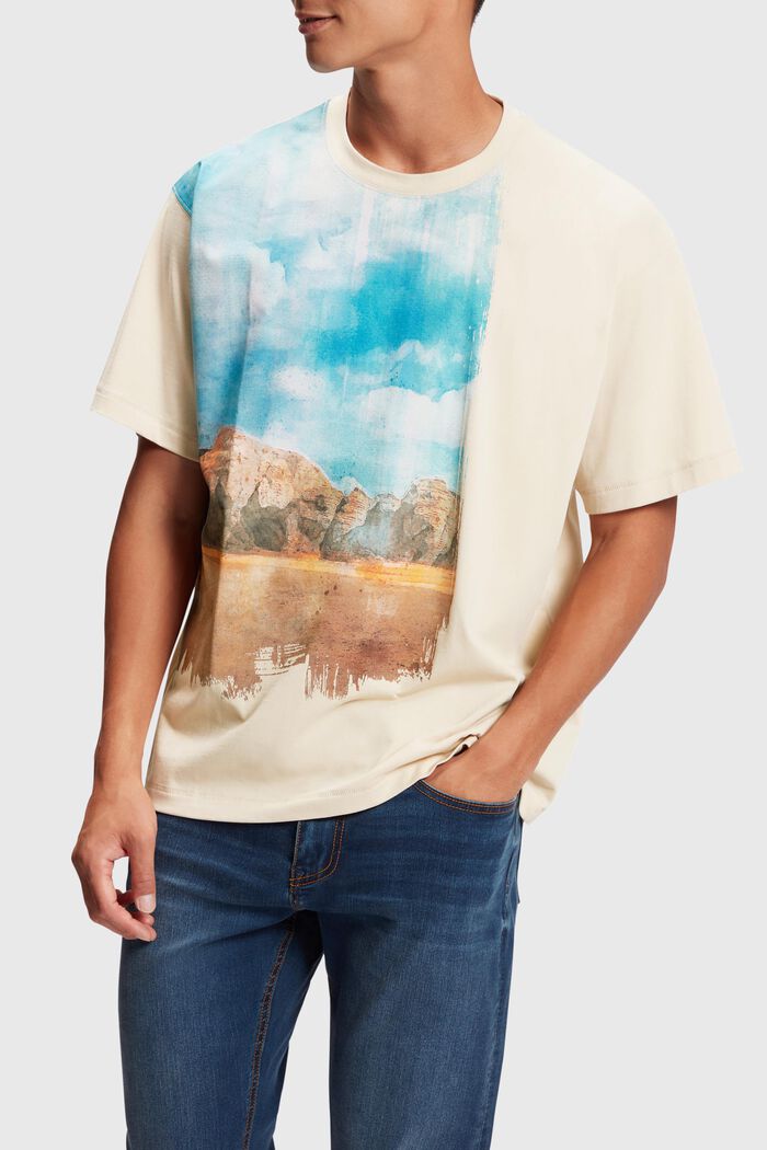 T-shirt med fyrkantigt, digitalt landskapstryck på framstycket, BEIGE, detail image number 0