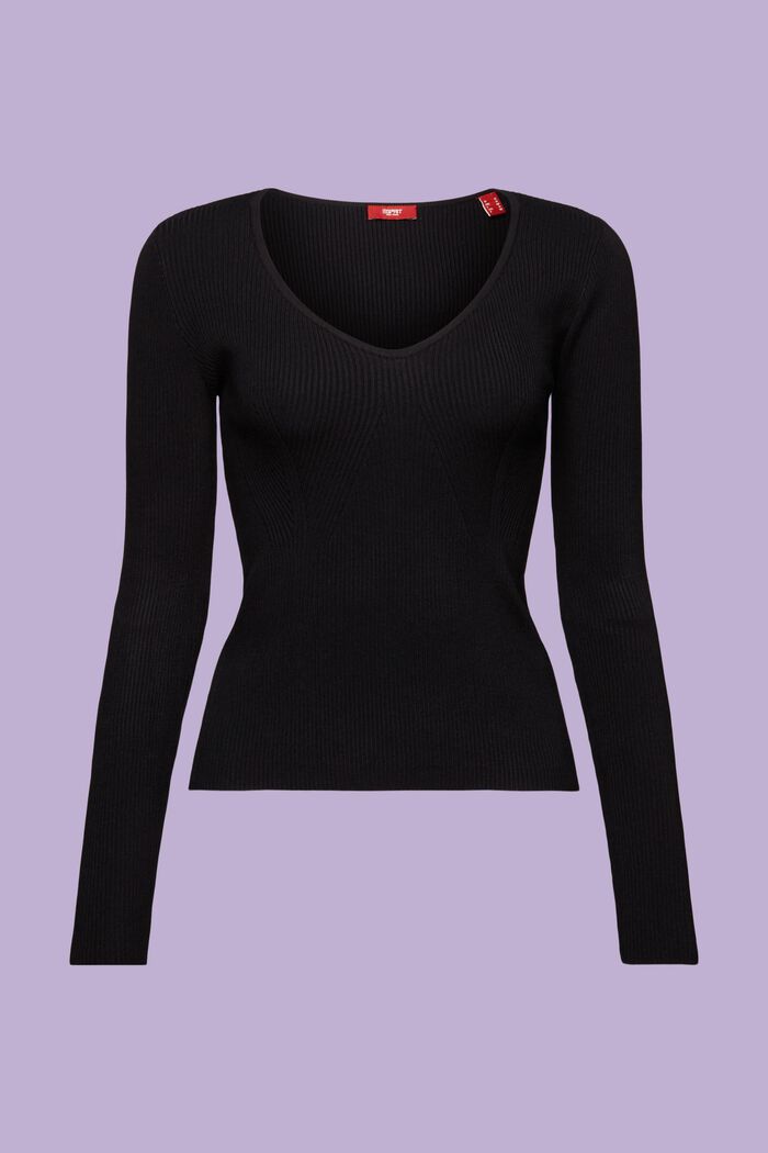 Ribbstickad V-ringad tröja, BLACK, detail image number 7