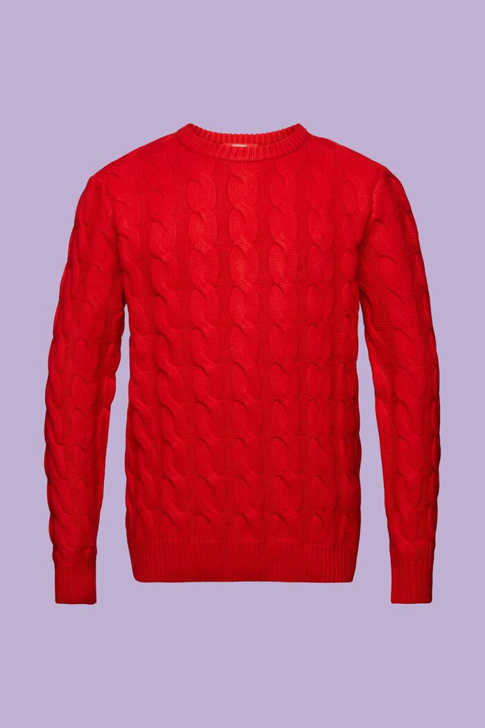 Kabelstickad tröja i ull, DARK RED, detail image number 7