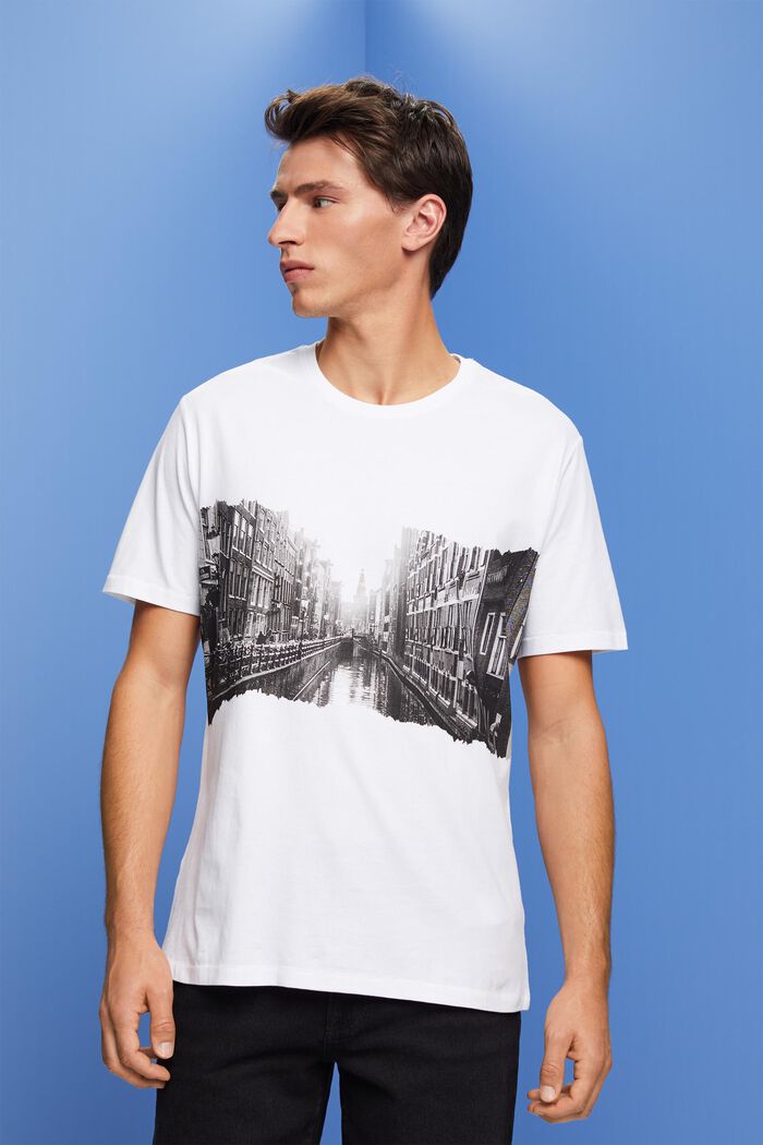 T-shirt med rund ringning och tryck, 100 % bomull, WHITE, detail image number 0