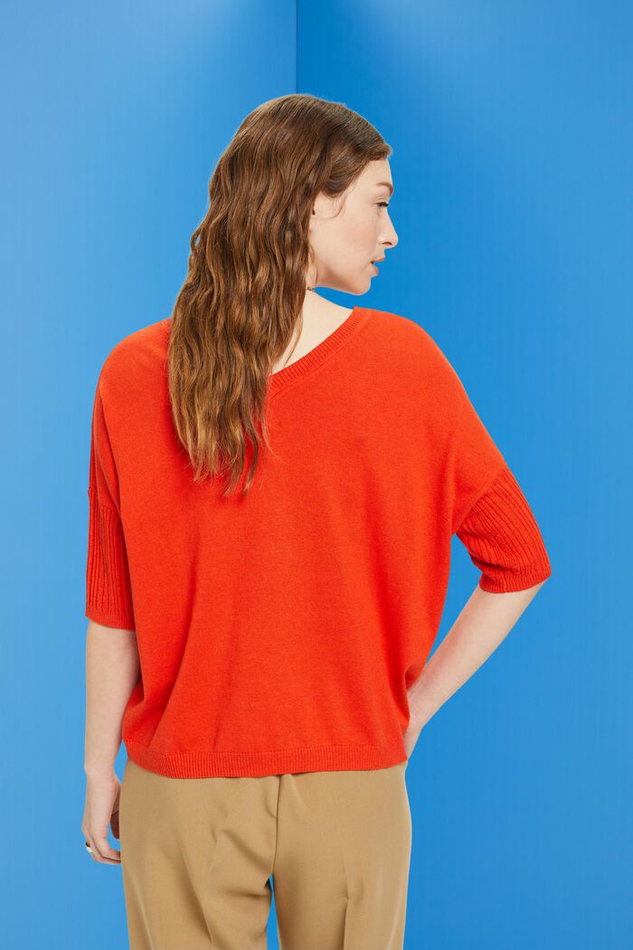 Stickad kortärmad tröja med linne, ORANGE RED, detail image number 3