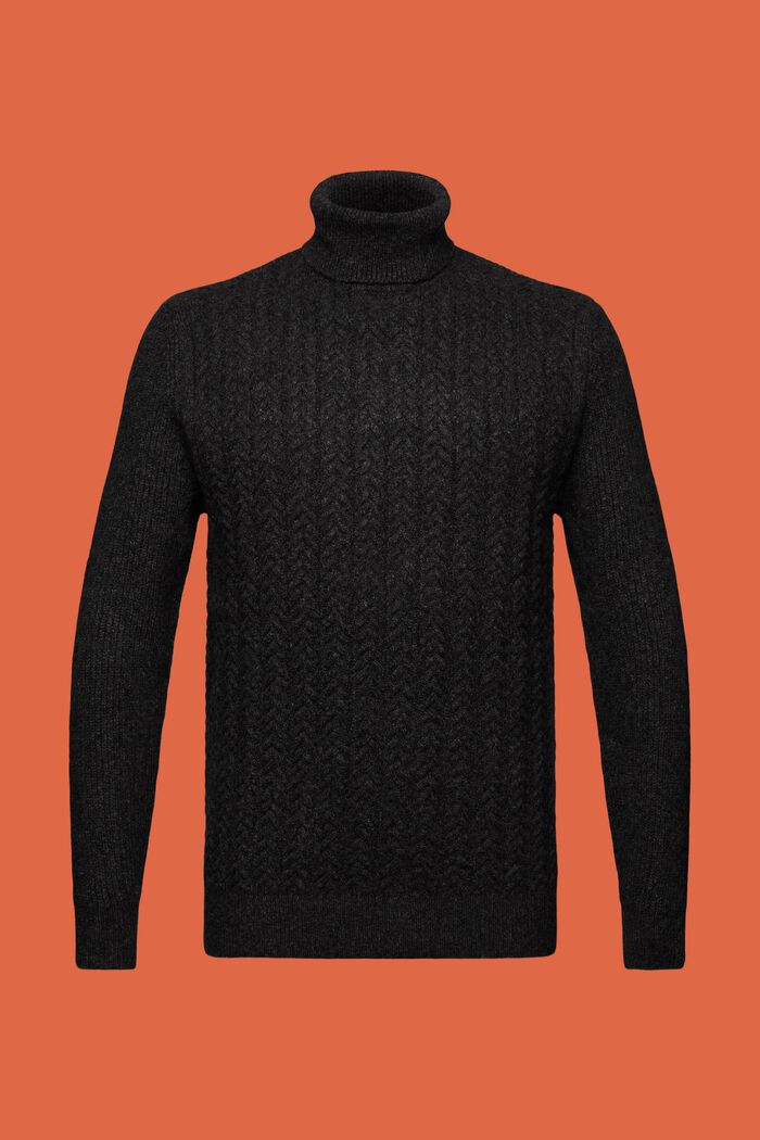 Kabelstickad tröja med polokrage, BLACK, detail image number 7