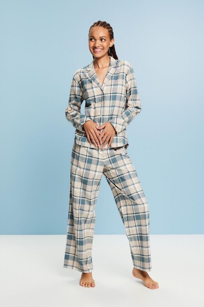 Rutig pyjamas i flanell, NEW TEAL BLUE, detail image number 1