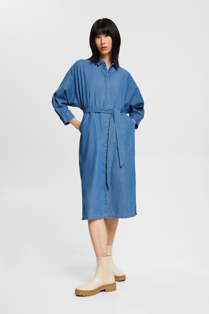 Midiklänning i bomullsdenim med knytskärp, BLUE MEDIUM WASHED, detail image number 4