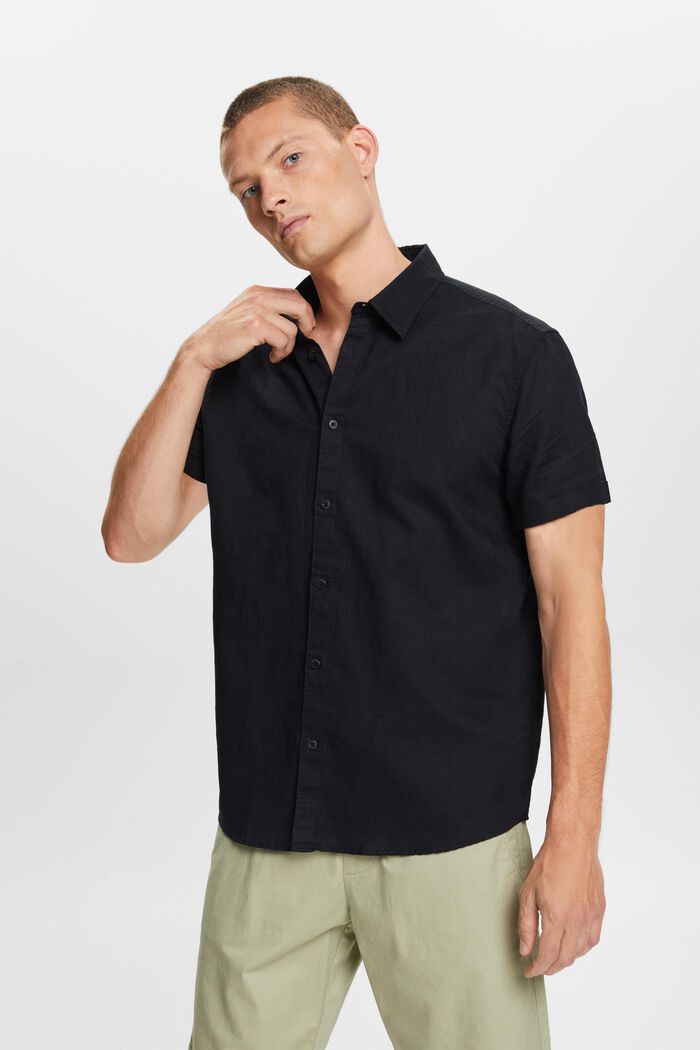 Kortärmad skjorta i mix av linne och bomull, BLACK, detail image number 0