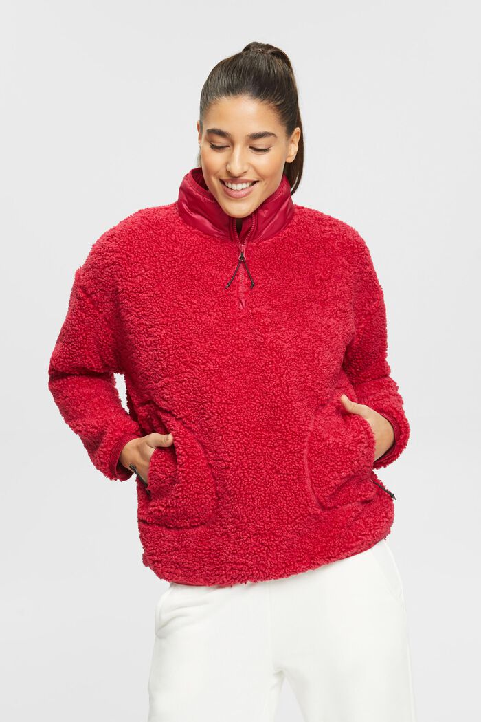Sweatshirt i teddyfleece med dragkedja vid halsen, CHERRY RED, detail image number 0