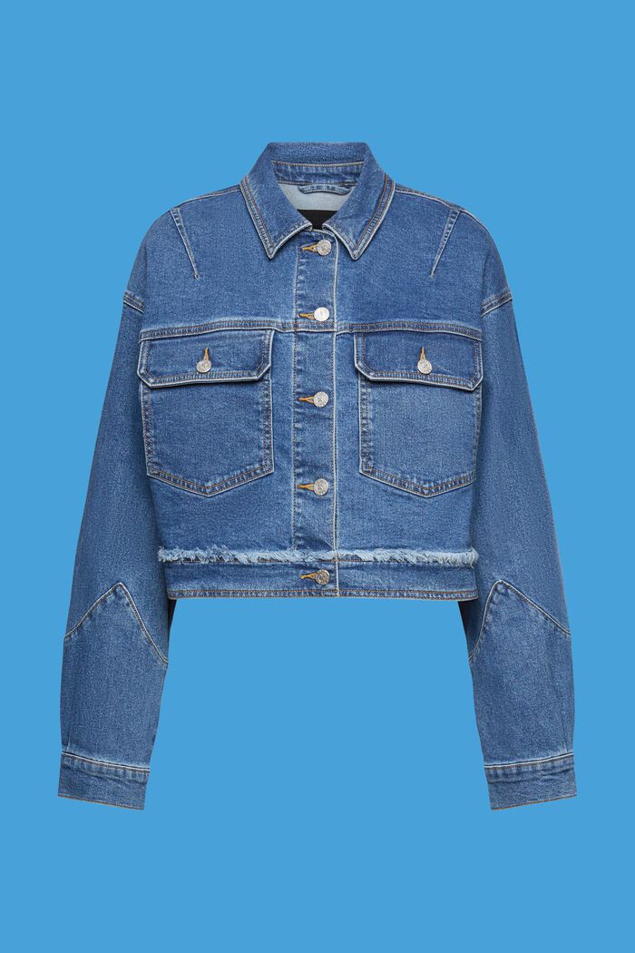 Kort jeansjacka med fransar, BLUE DARK WASHED, detail image number 6