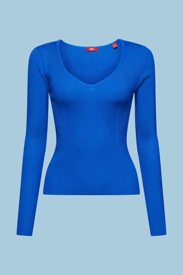 Ribbstickad V-ringad tröja, BRIGHT BLUE, detail image number 6