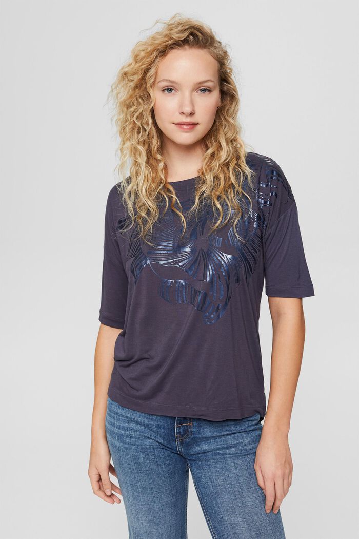 T-shirt med av metallictryck, LENZING™ ECOVERO™, DARK BLUE, detail image number 0