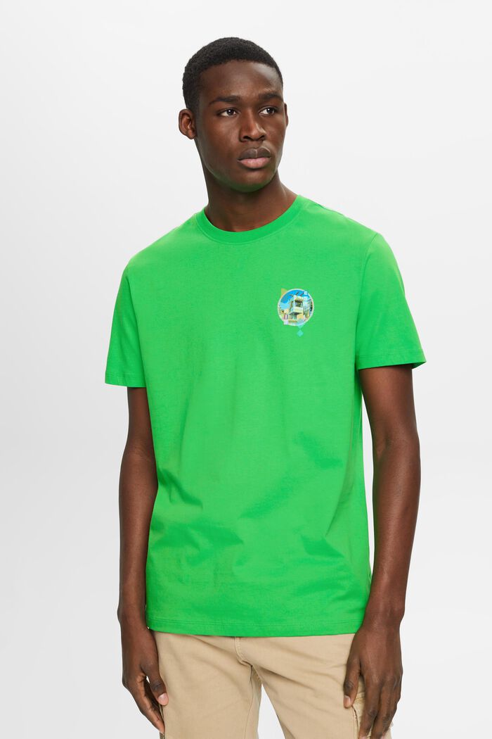 T-shirt i bomull med smal passform och litet tryck på bröstet, GREEN, detail image number 0