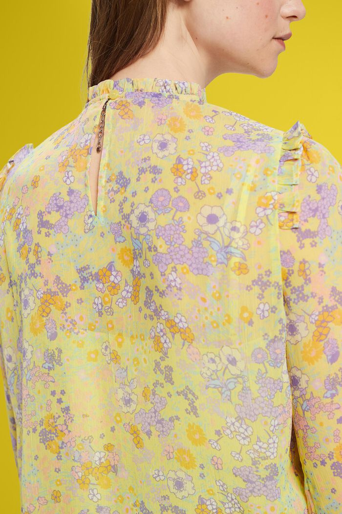 Blommig chiffongblus med rynkning, LIGHT YELLOW, detail image number 4