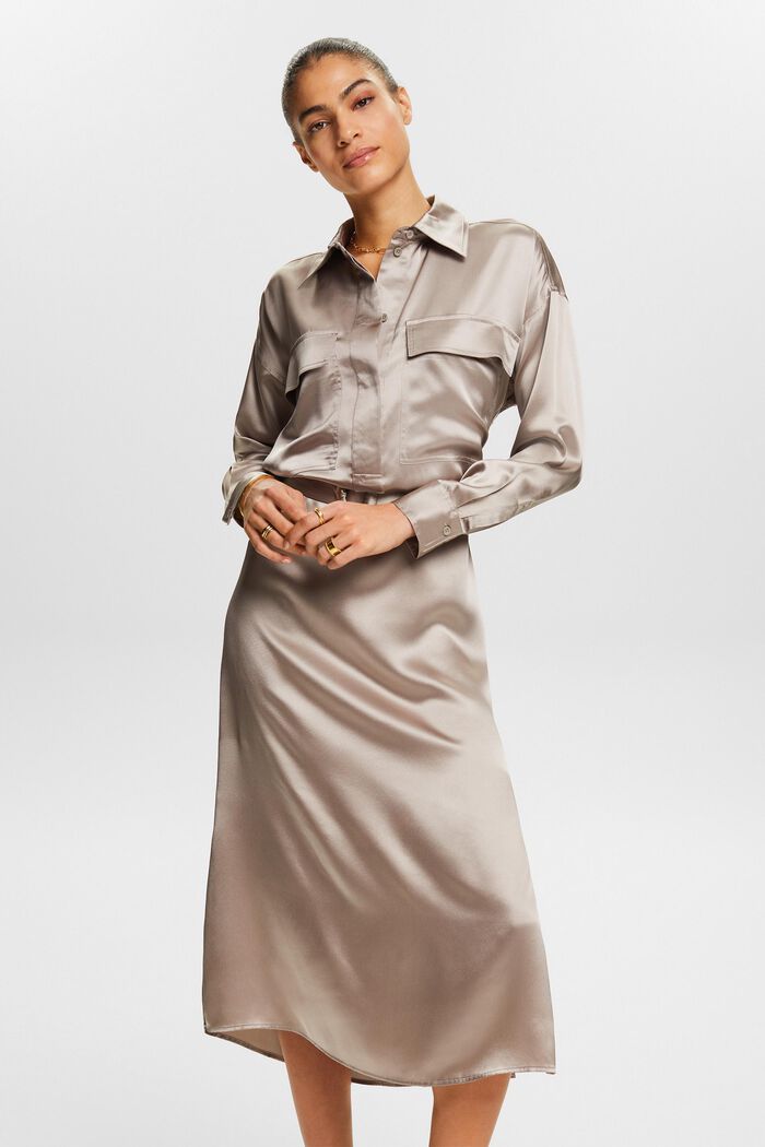 Midiklänning i silkessatin med skärp, LIGHT TAUPE, detail image number 0