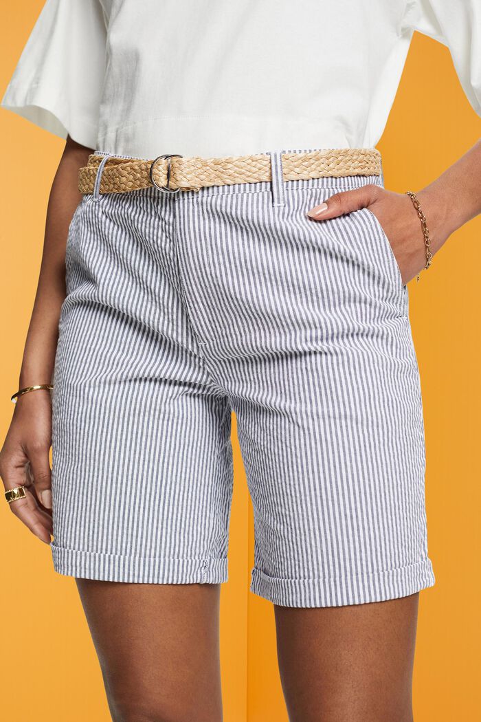 Randiga shorts med flätat raffia-skärp, NAVY, detail image number 2