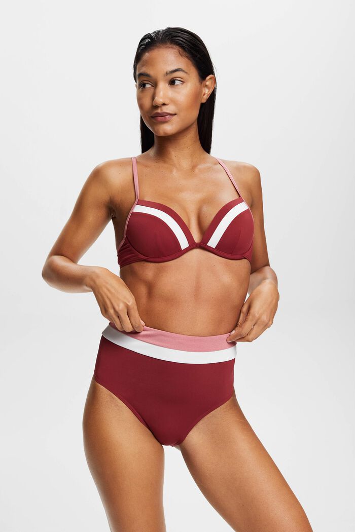 Trefärgad bikiniunderdel med hög midja, DARK RED, detail image number 0