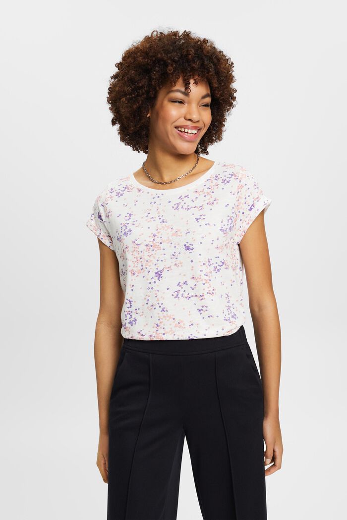 T-shirt i bomull med blommigt tryck, OFF WHITE, detail image number 0