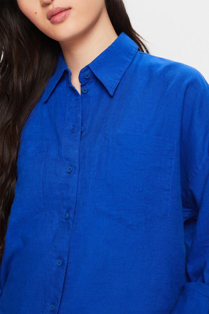 Skjortblus i bomull-linne, BRIGHT BLUE, detail image number 3