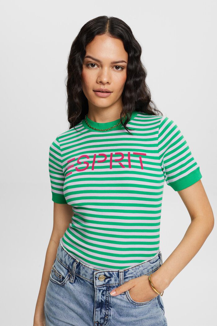 Randig bomulls-T-shirt med logotryck, GREEN, detail image number 0