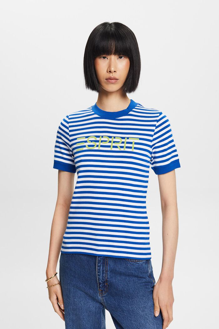 Randig bomulls-T-shirt med logotryck, BRIGHT BLUE, detail image number 0
