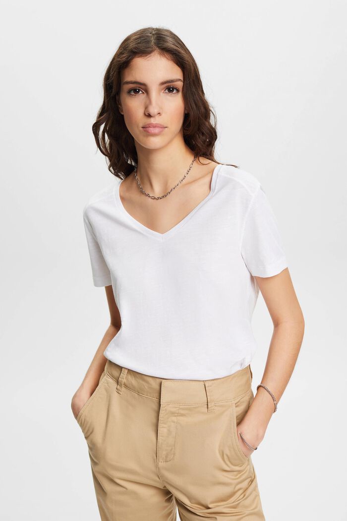 V-ringad bomulls-T-shirt med dekorativa sömmar, WHITE, detail image number 0