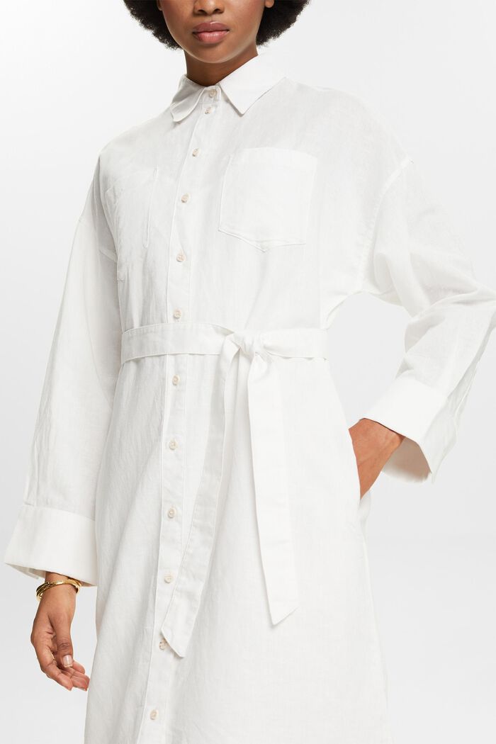 Skjortklänning med skärp i linne-bomullsmix, OFF WHITE, detail image number 3