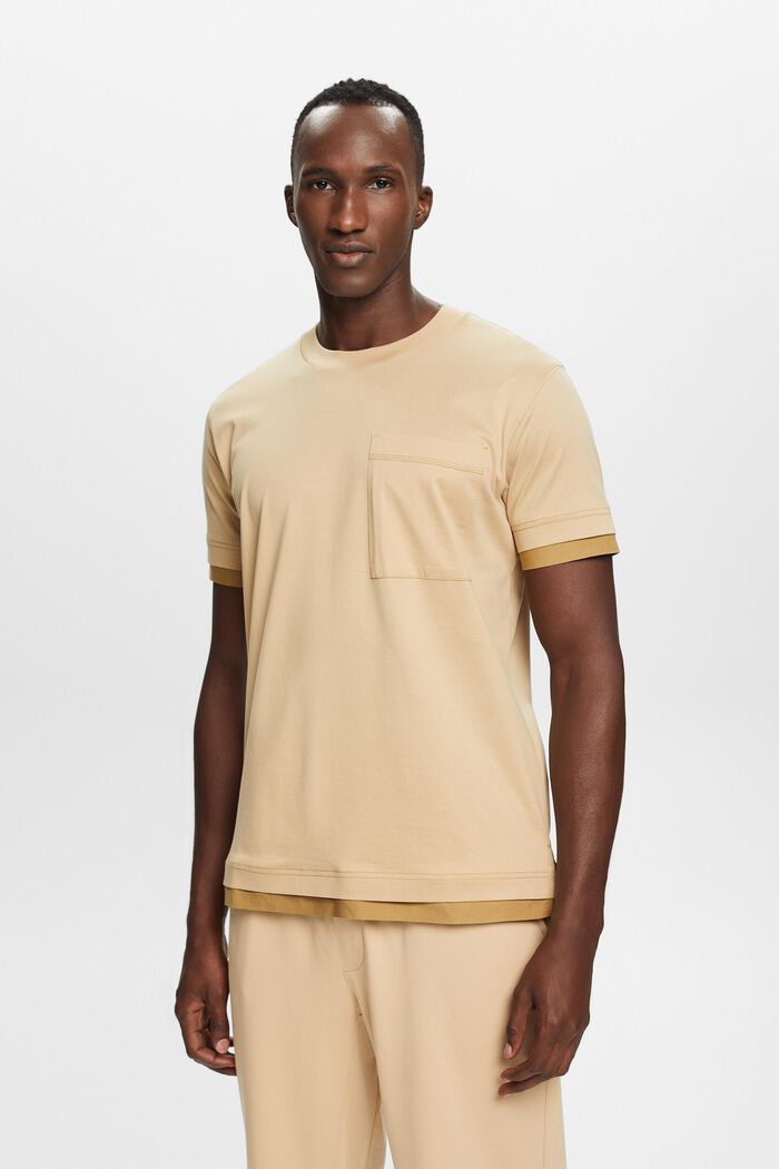 Rundringad T-shirt i lagerlook, 100% bomull, SAND, detail image number 0