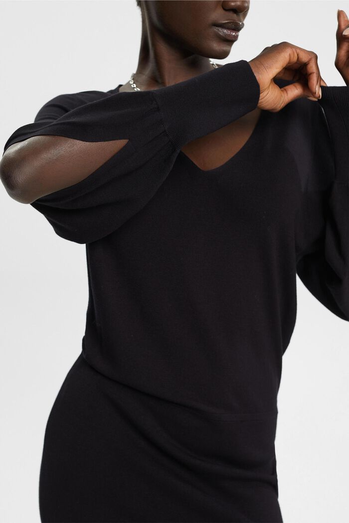 Stickad klänning med slitsade ärmar, LENZING™ ECOVERO™, BLACK, detail image number 2