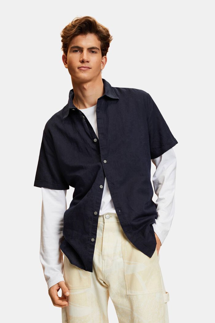 Kortärmad skjorta i mix av linne och bomull, NAVY, detail image number 0