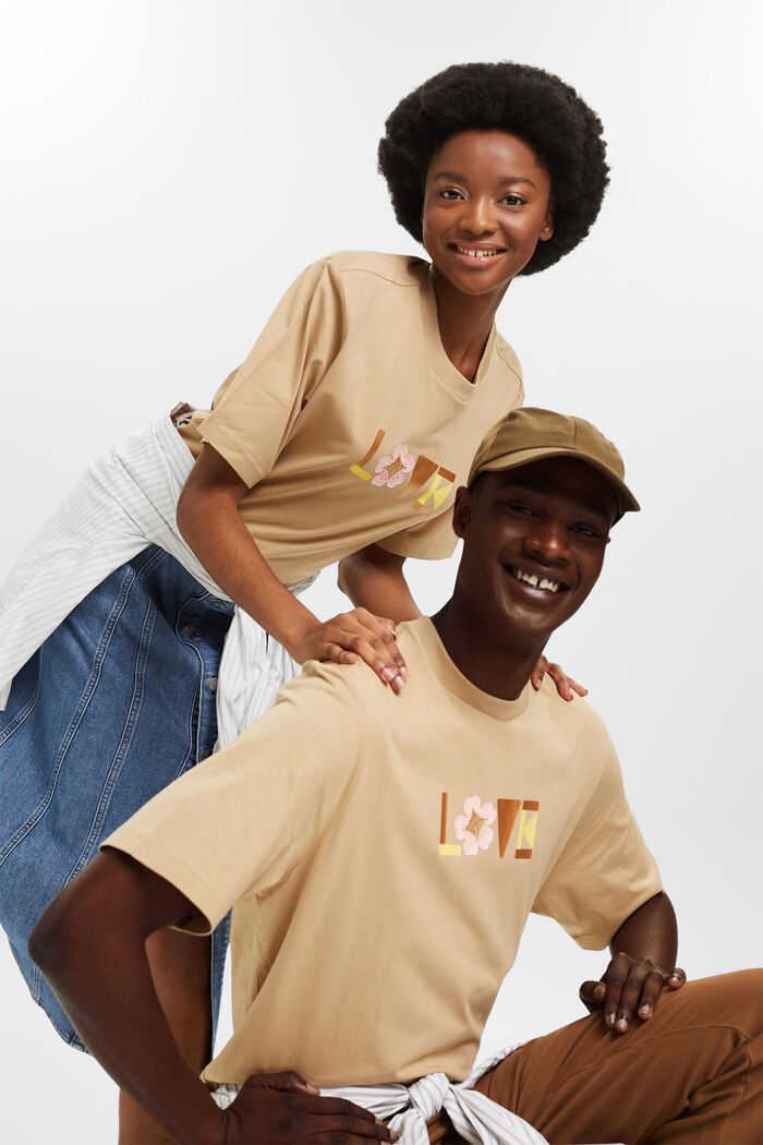 T-shirt i pimabomull med tryck, unisexmodell, BEIGE, detail image number 4