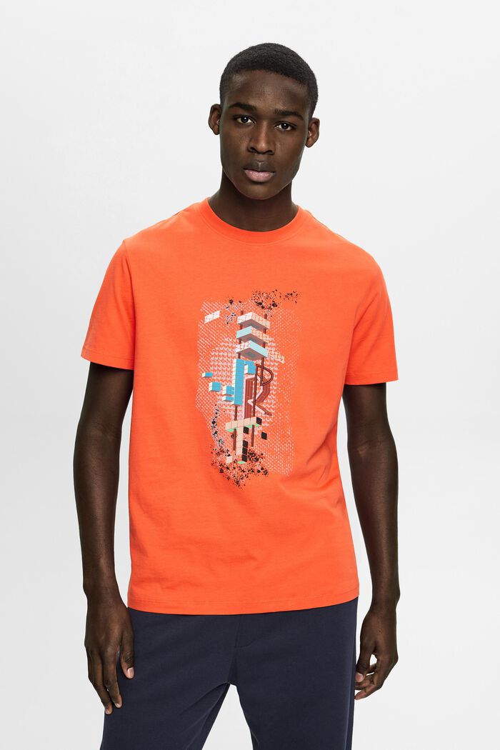 Bomulls-T-shirt i smal modell med tryck fram, ORANGE RED, detail image number 0