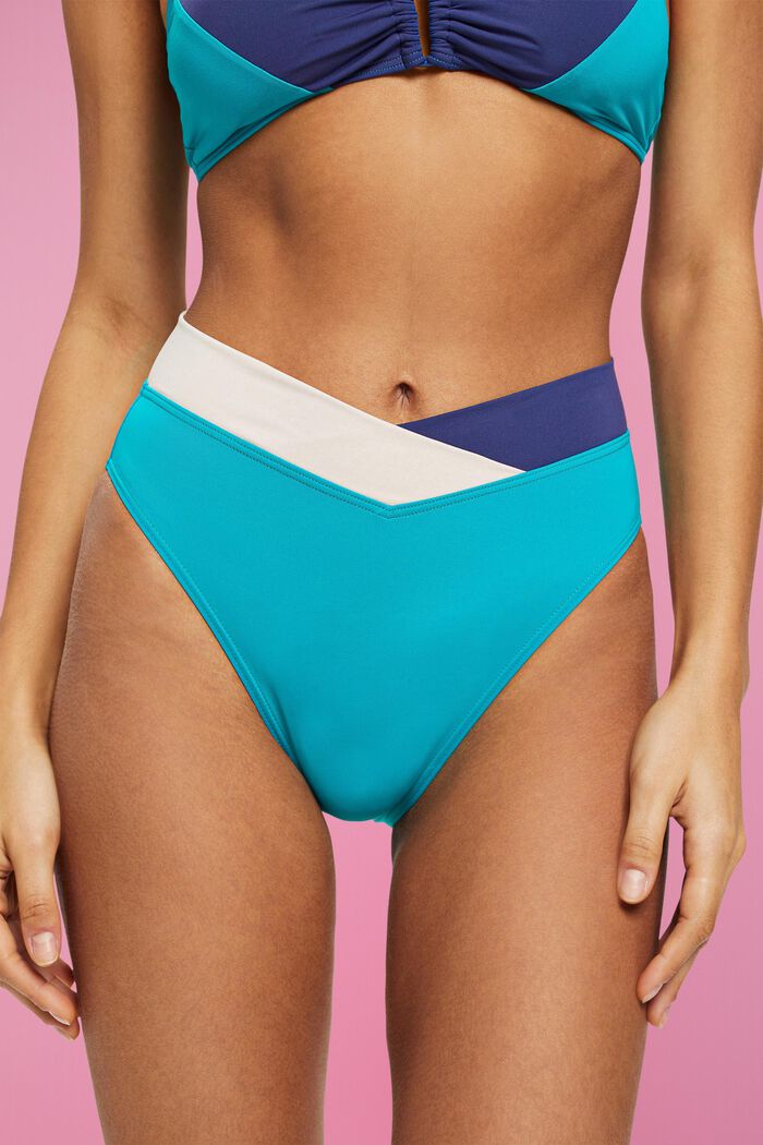 Medelhög bikiniunderdel med färgblocksdesign, TEAL GREEN, detail image number 1