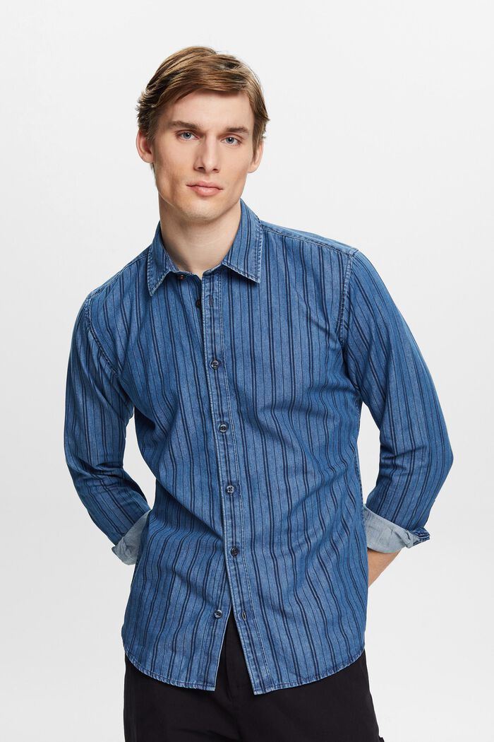 Jeansskjorta med smal passform med ränder, NAVY, detail image number 0