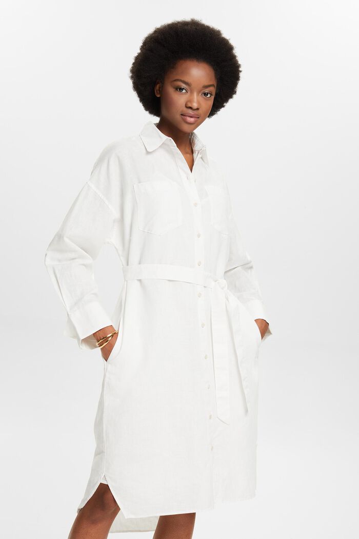 Skjortklänning med skärp i linne-bomullsmix, OFF WHITE, detail image number 0