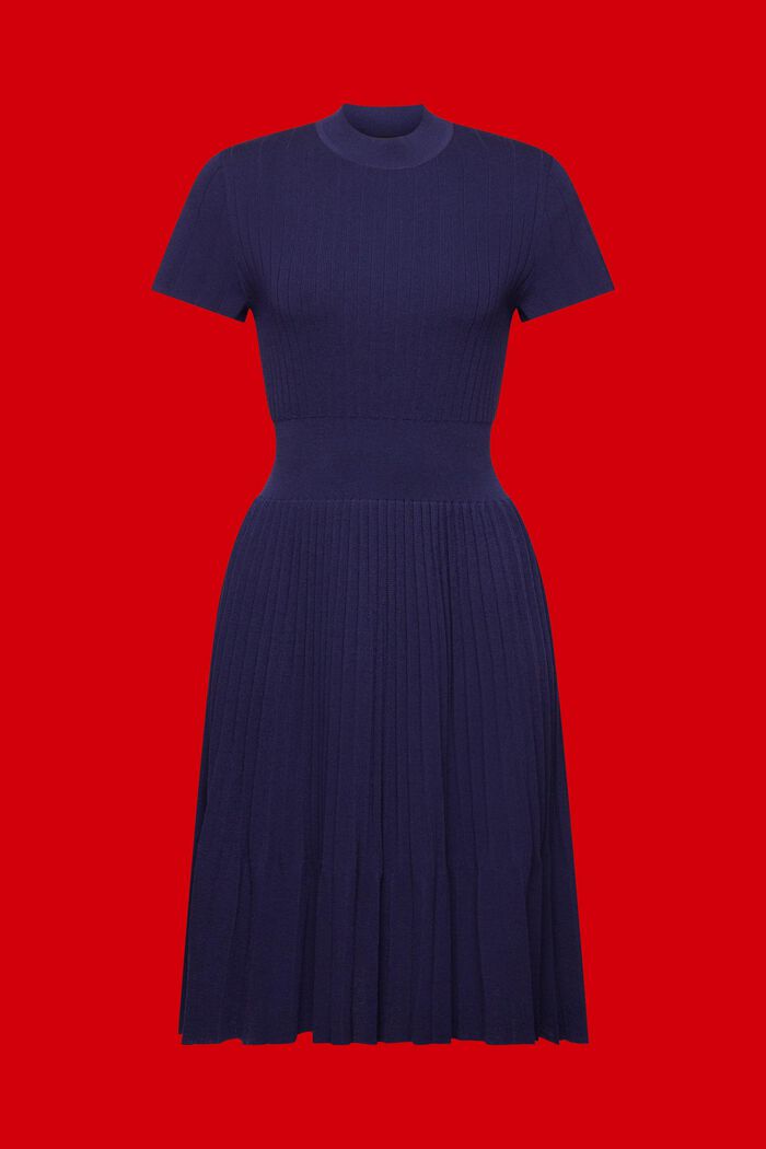 Veckad kortärmad midiklänning med halvpolokrage, DARK BLUE, detail image number 6