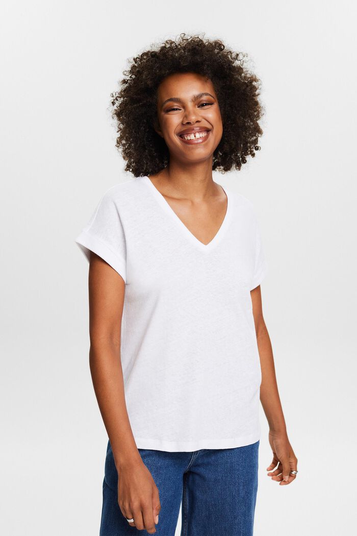 V-ringade T-shirt med bomull-linnemix, WHITE, detail image number 0