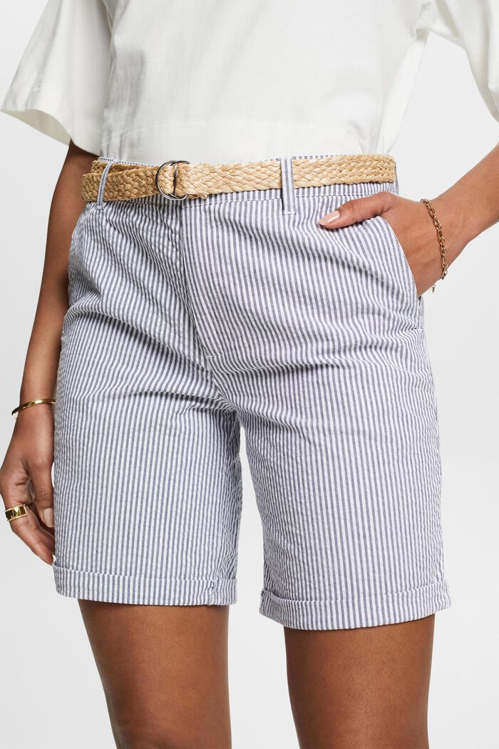 Randiga shorts med flätat raffia-skärp, NAVY, detail image number 2