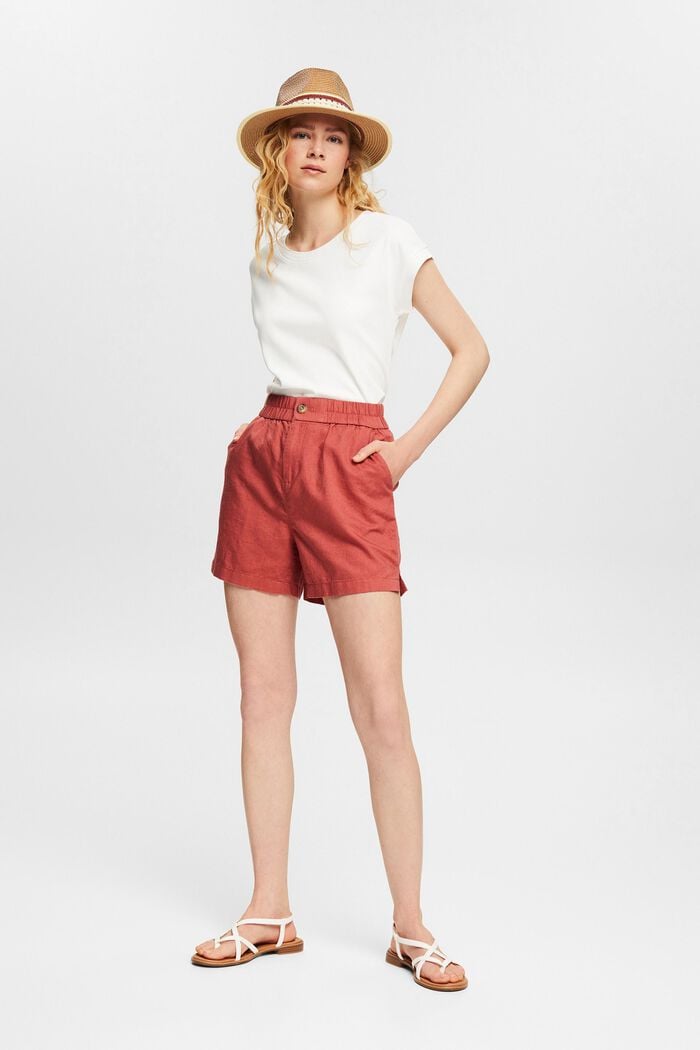 Med linneandel: Shorts med resårlinning, TERRACOTTA, detail image number 0
