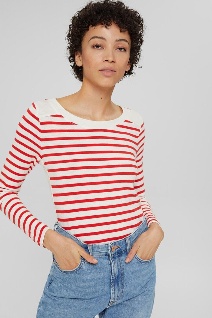 Randig långärmad T-shirt i bomull, ORANGE RED, detail image number 0