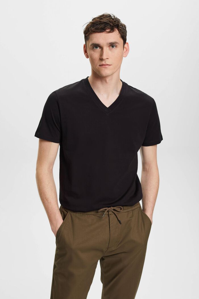 V-ringad T-shirt i bomull med smal passform, BLACK, detail image number 0