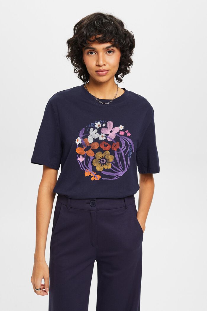T-shirt med blommönster, NAVY, detail image number 0
