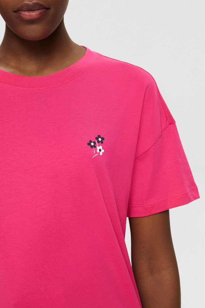 T-shirt med blommigt tryck på bröstet, PINK FUCHSIA, detail image number 2