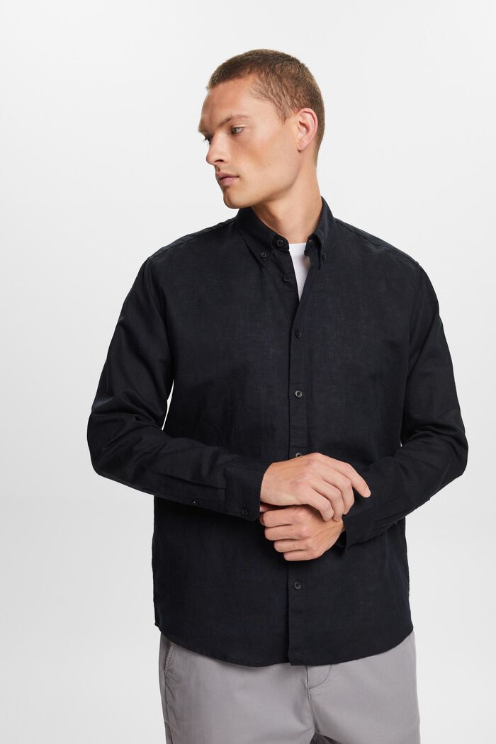 Button down-skjorta i blandad bomull och linne, BLACK, detail image number 0