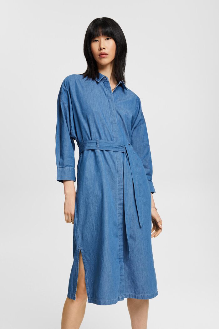 Midiklänning i bomullsdenim med knytskärp, BLUE MEDIUM WASHED, detail image number 0