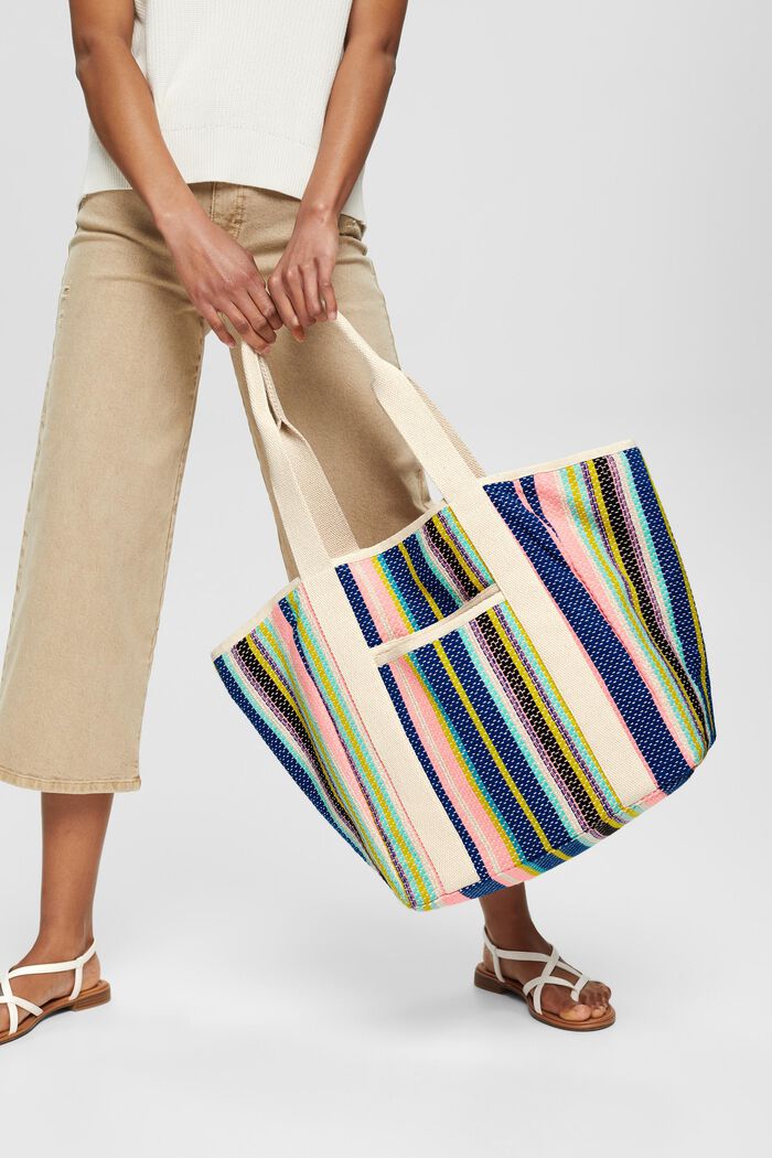 Shoppingväska med färgglada ränder, CORAL, detail image number 1