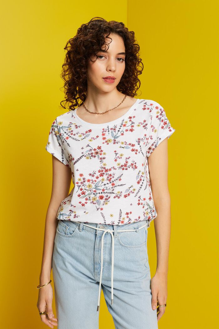 T-shirt i bomull med blommigt tryck, WHITE, detail image number 0