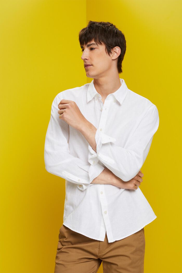 Button down-skjorta i blandad bomull och linne, WHITE, detail image number 4
