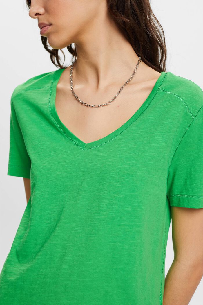 V-ringad bomulls-T-shirt med dekorativa sömmar, GREEN, detail image number 2
